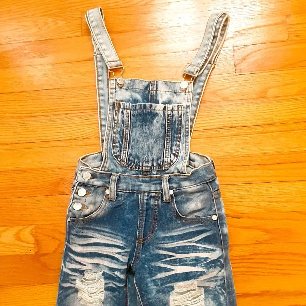 Girl's Acid Washed Denim Overalls Size 7 Distressed Jeans with Pockets